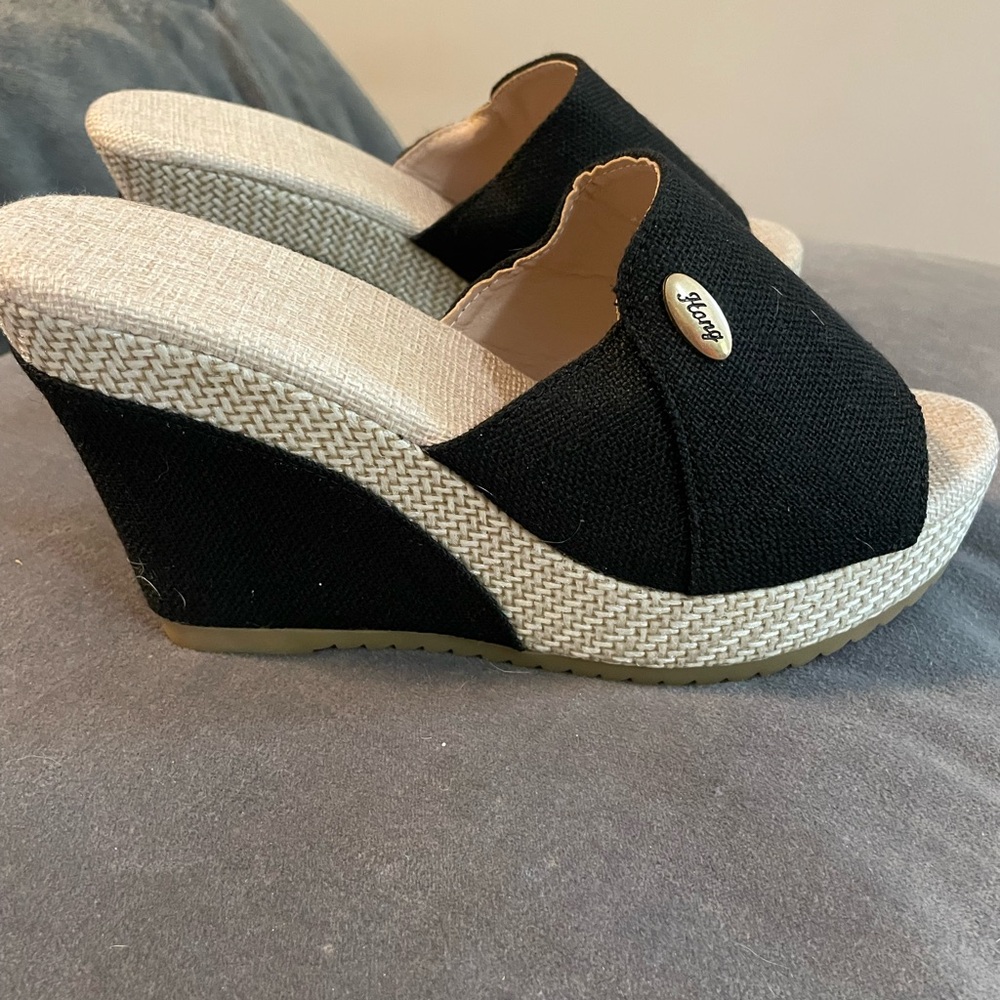 Black Wedge Slide Sandals with Natural Raffia Trim -
